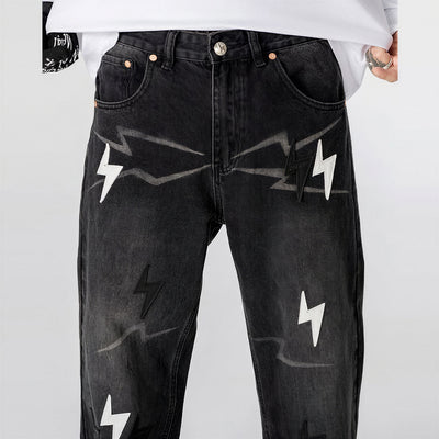 Men's Spring Washed Black & White Lightning Wide Leg Jeans