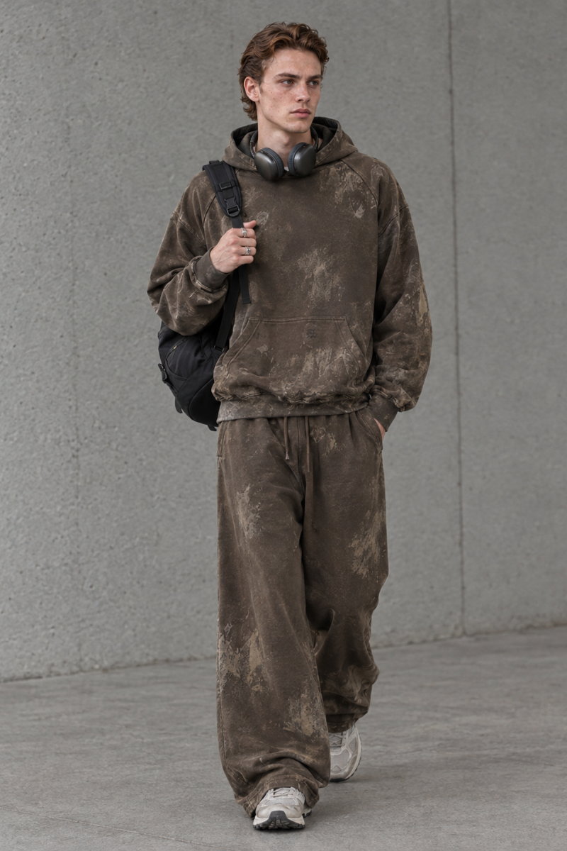 Men Fall Clothing Vintage Hoodie Wide Leg Sweatpants Set