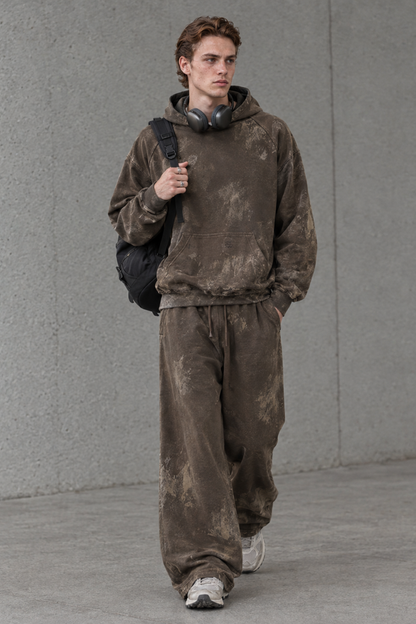 Men Fall Clothing Vintage Hoodie Wide Leg Sweatpants Set