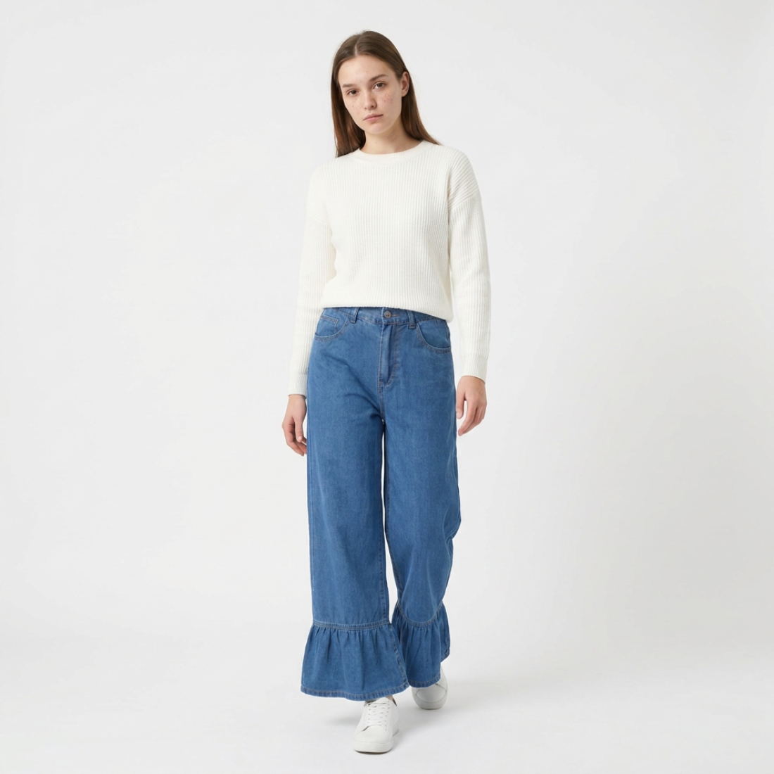 Women's High Waist Ruffle Hem Wide Leg Jeans