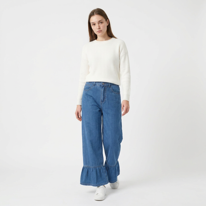 Women's High Waist Ruffle Hem Wide Leg Jeans