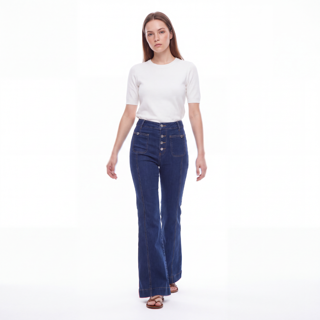 Women's High Waist Button Fly Stretch Flare Jeans