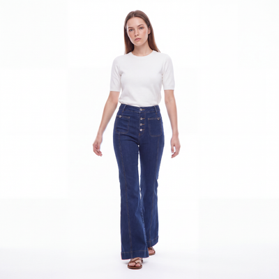 Women's High Waist Button Fly Stretch Flare Jeans