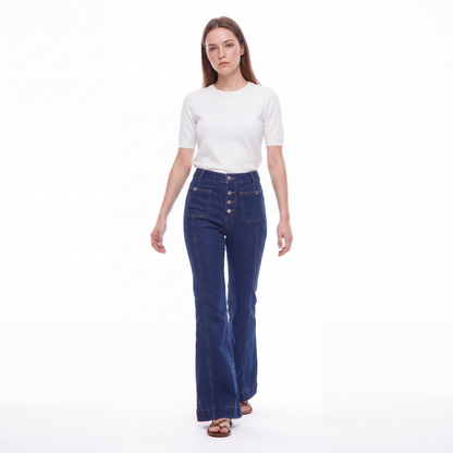 Women's High Waist Button Fly Stretch Flare Jeans