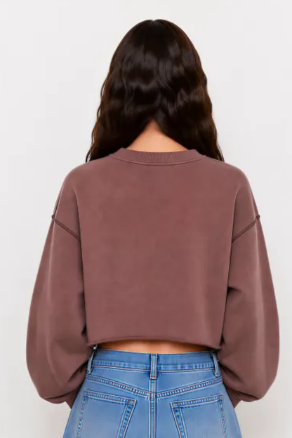 Women Spring Raw Hem Exposed Seam Cropped Sweatshirt