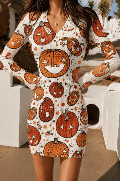 Women Fall Halloween Pumpkin Ribbed Bodycon Mini Dress