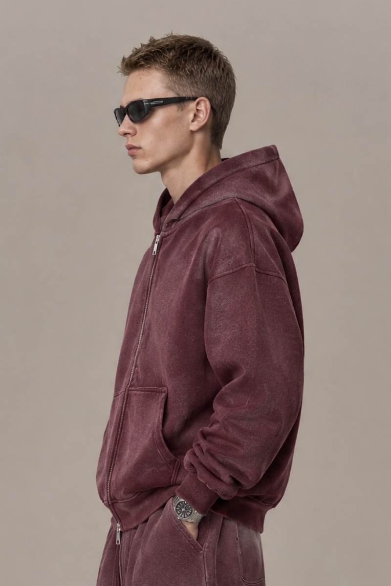 Men Fall Clothing Spray Wash Distressed Zip Hoodie
