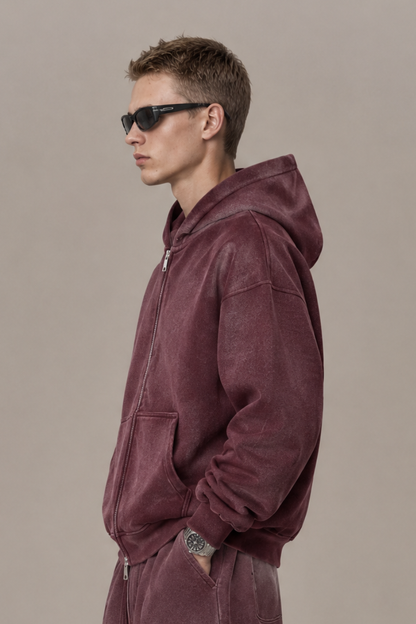 Men Fall Clothing Spray Wash Distressed Zip Hoodie