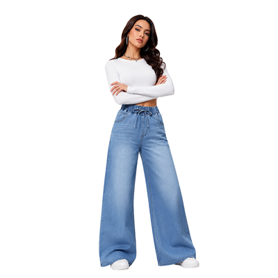 Women's Drawstring Elastic Waist Wide Leg Jeans