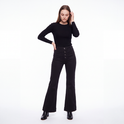 Women's Black High Waist Button Fly Stretch Flare Jeans