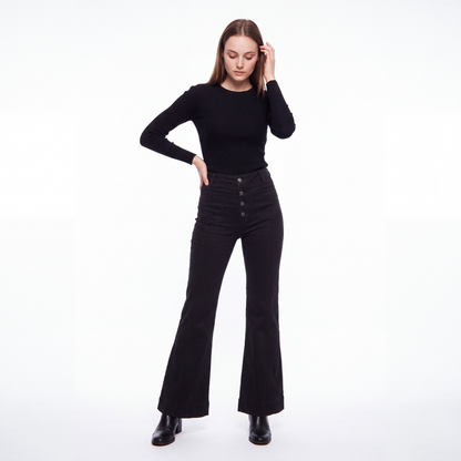 Women's Black High Waist Button Fly Stretch Flare Jeans