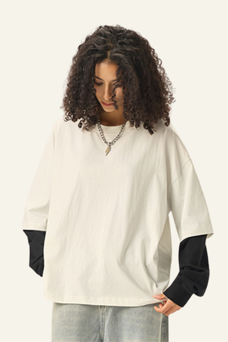 Women's Cotton  Faux-Two-Piece Long Sleeve T-shirt