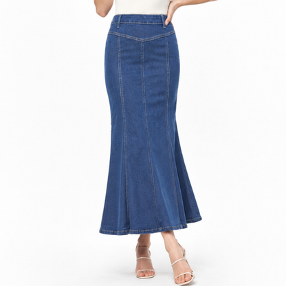 Women's High Waist Vintage Wash Fishtail Long Denim Skirt