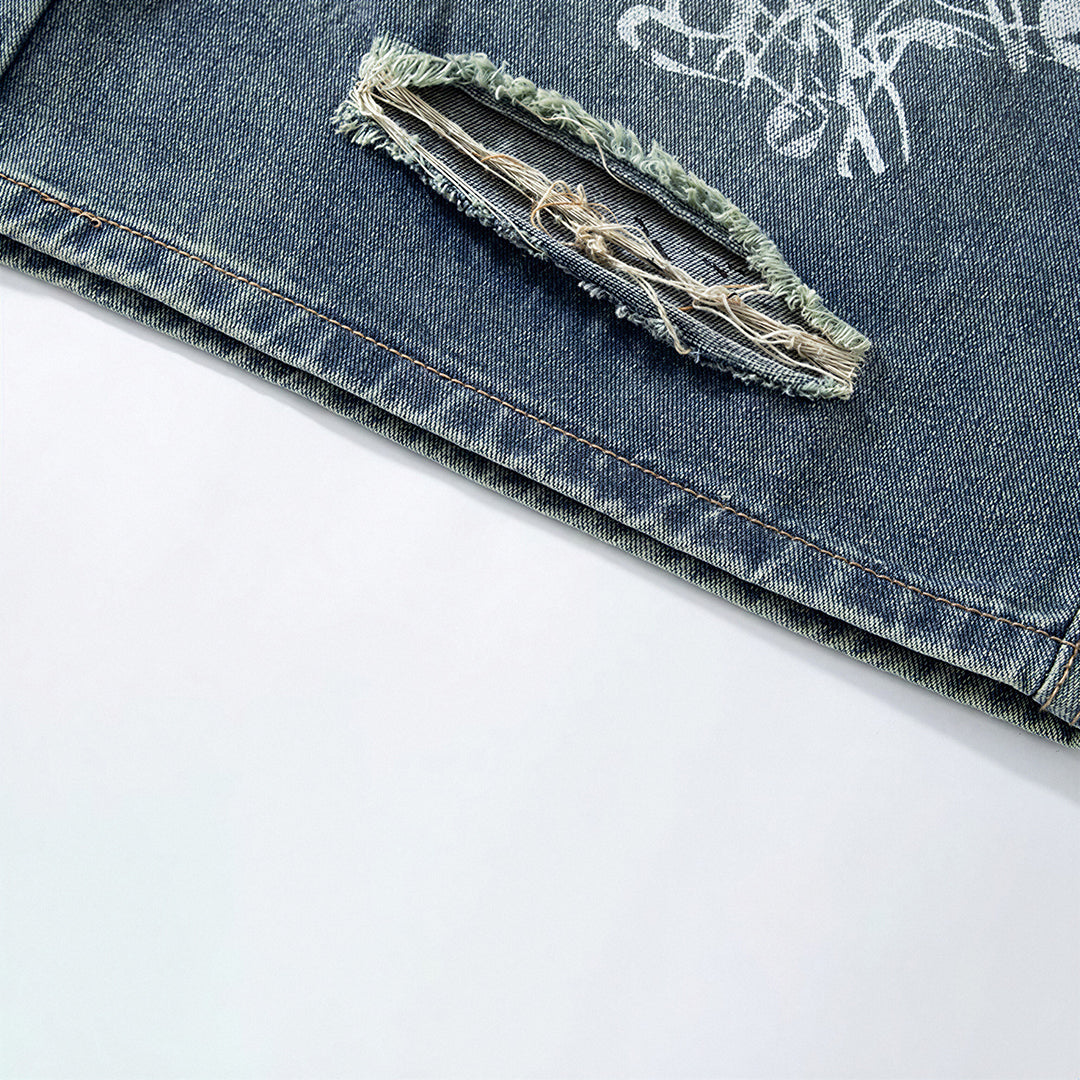 Men's Summer Graffiti Ripped Washed Baggy Denim Shorts