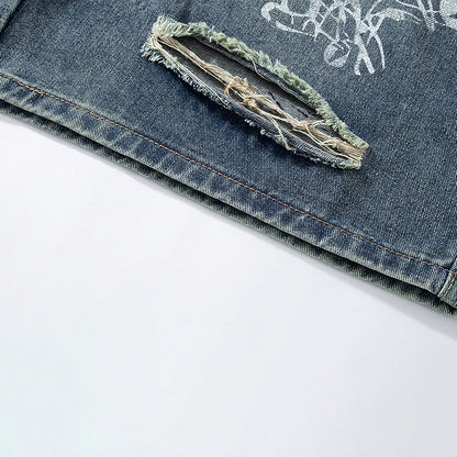 Men's Summer Graffiti Ripped Washed Baggy Denim Shorts