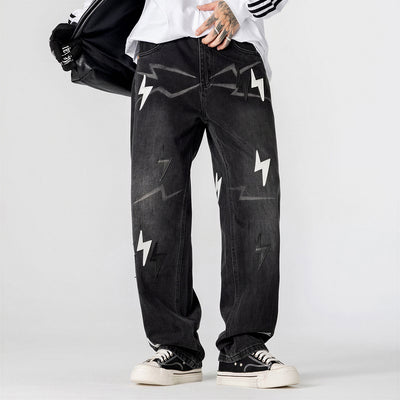 Men's Spring Washed Black & White Lightning Wide Leg Jeans