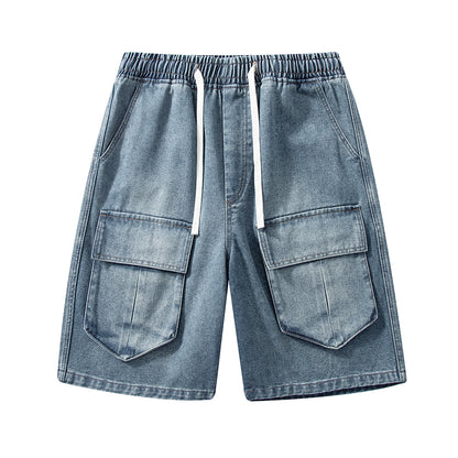 Men's Summer Light Wash Multi-Pocket Cargo Denim Shorts