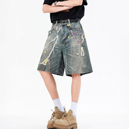 Men's Summer Vintage Washed Graffiti Print Denim Shorts