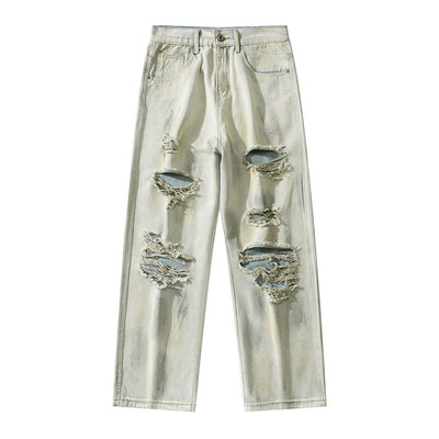 Men's Spring Heavily Ripped Straight Leg Denim Jeans