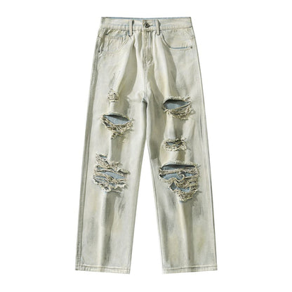 Men's Spring Heavily Ripped Straight Leg Denim Jeans