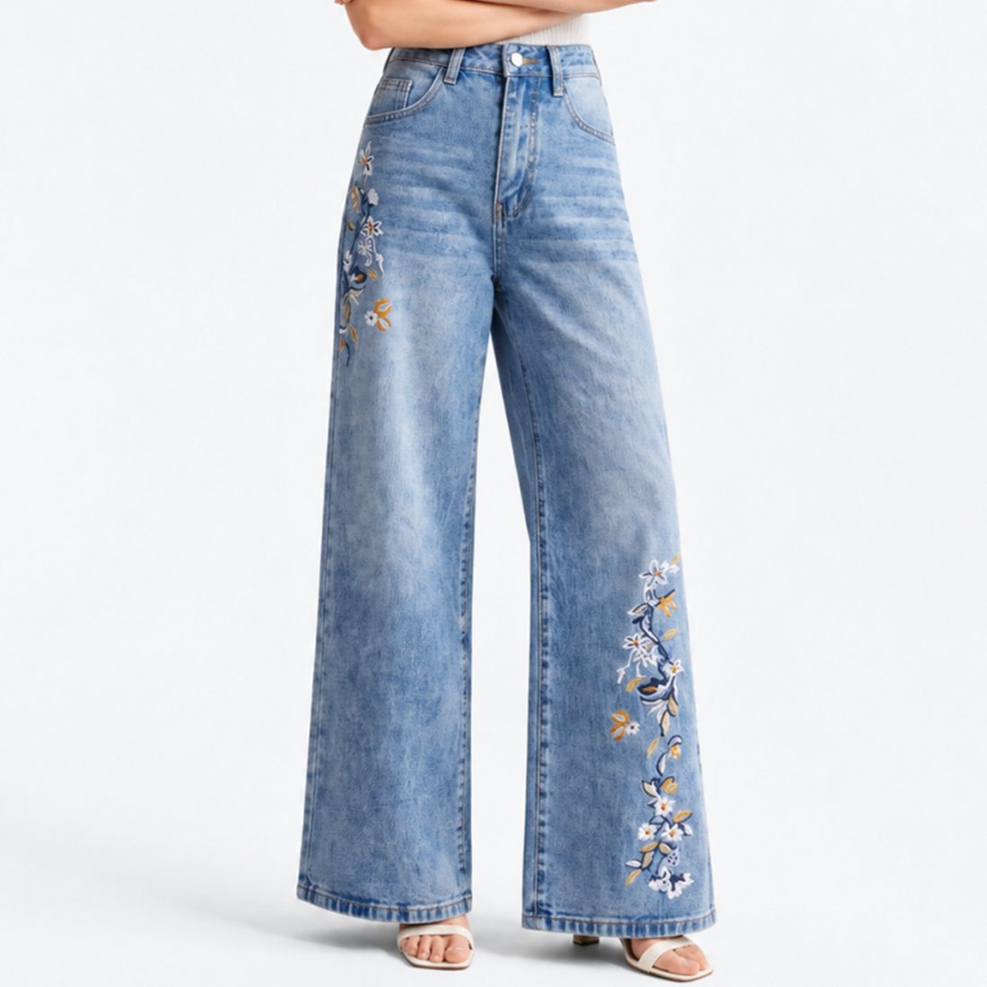 Women's High Waist Side Studded Wide Leg Jeans