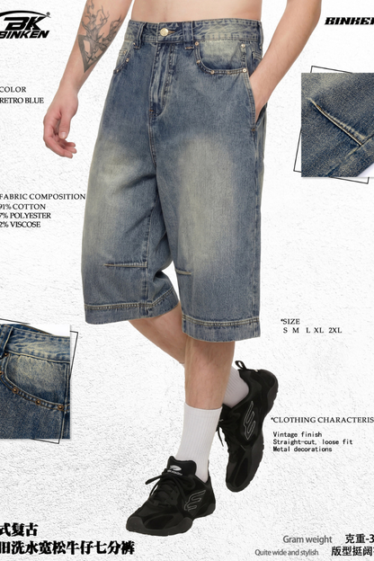 Men's Summer 385g Straight Distressed 7/8 Denim Pants