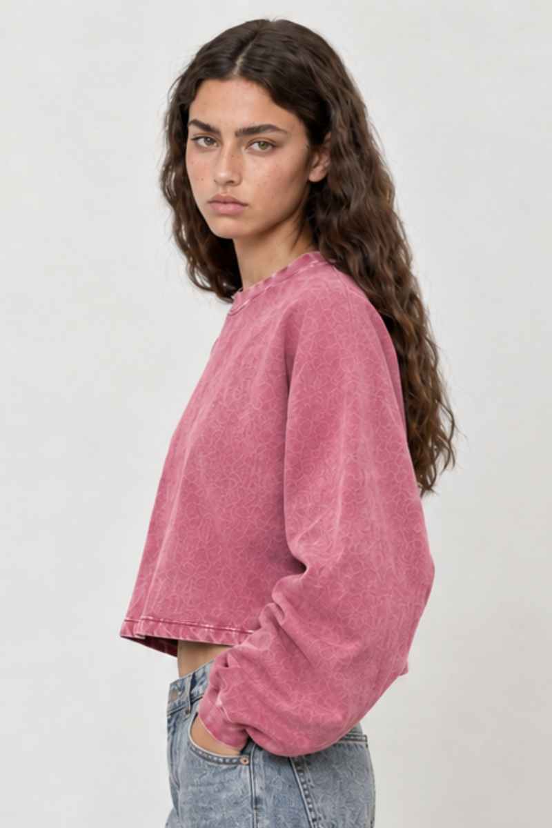 Women Fall Clothing Boxy Washed Raw Hem Cropped Sweatshirt