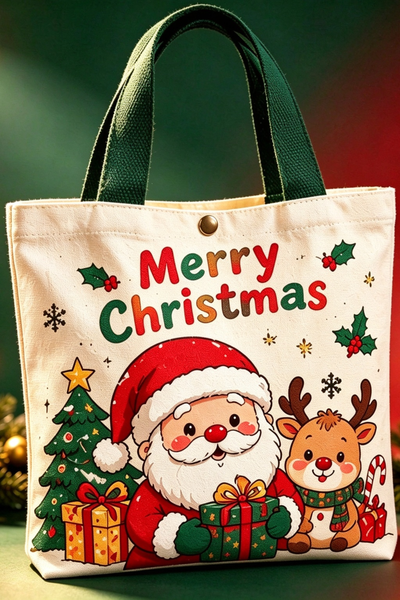 Christmas Santa Canvas Handbag Holiday Tote Bag