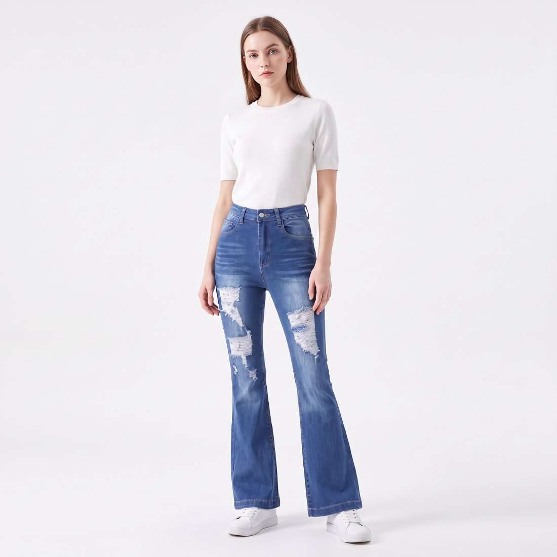 Women's High Waist Ripped Distressed Stretch Flare Jeans