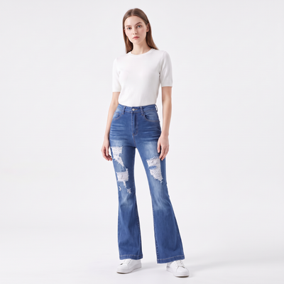 Women's High Waist Ripped Distressed Stretch Flare Jeans