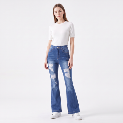 Women's High Waist Ripped Distressed Stretch Flare Jeans