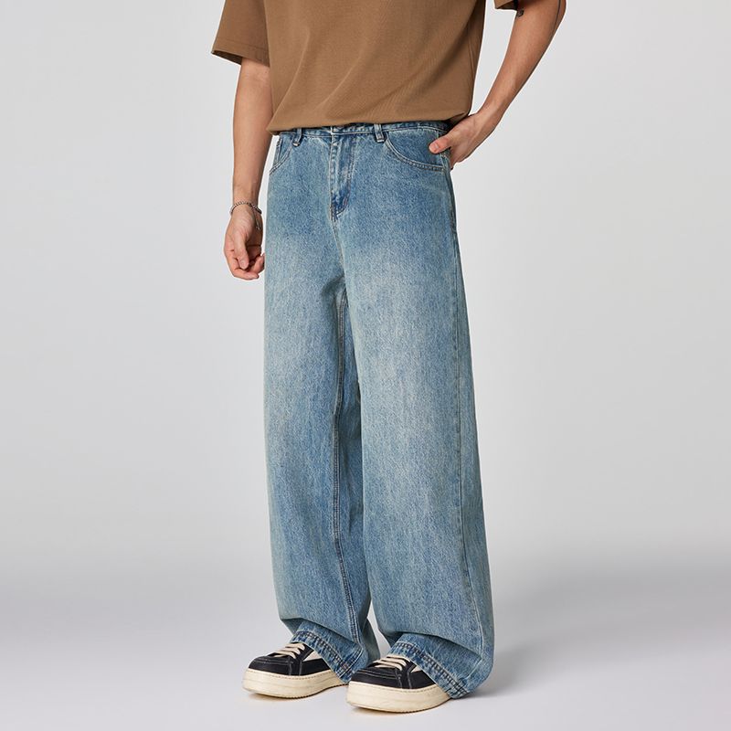 Men's Spring Light Blue Vintage Washed Wide-Leg Denim Jeans