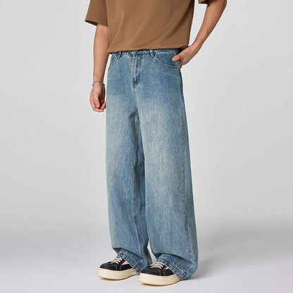 Men's Spring Light Blue Vintage Washed Wide-Leg Denim Jeans
