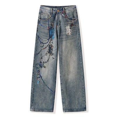 Men's Spring Blue Keychain Print Wide Leg Denim Jeans