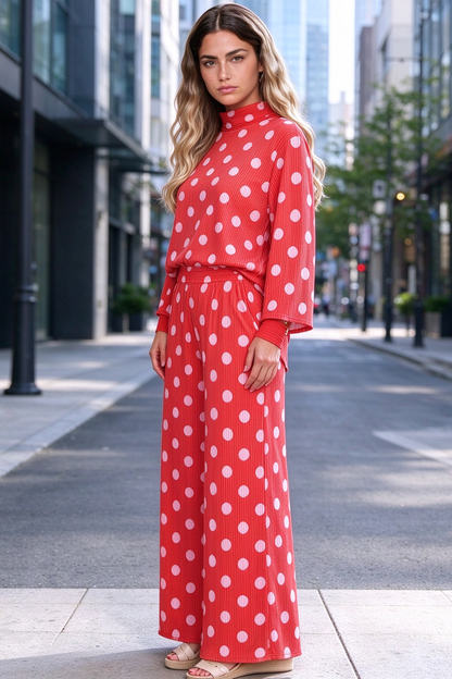 Women's Fall Ribbed Polka Dot 2 Piece Set