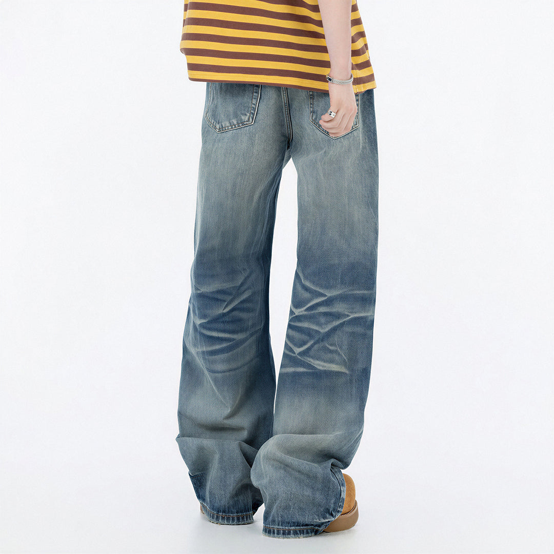 Men's Spring Vintage Blue Cat Whisker Wide-Leg Denim Jeans
