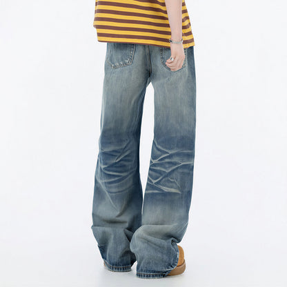 Men's Spring Vintage Blue Cat Whisker Wide-Leg Denim Jeans