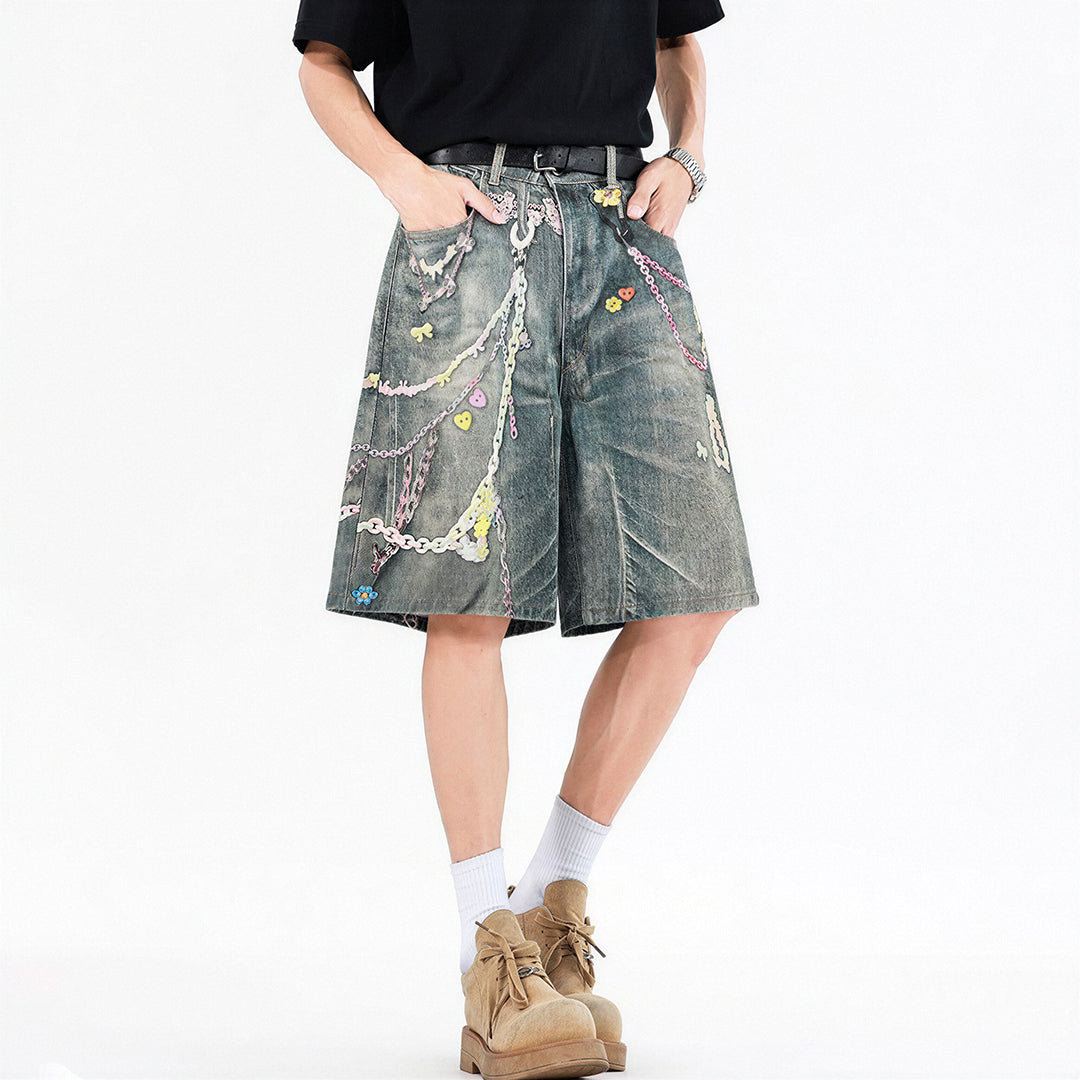 Men's Summer Vintage Washed Graffiti Print Denim Shorts