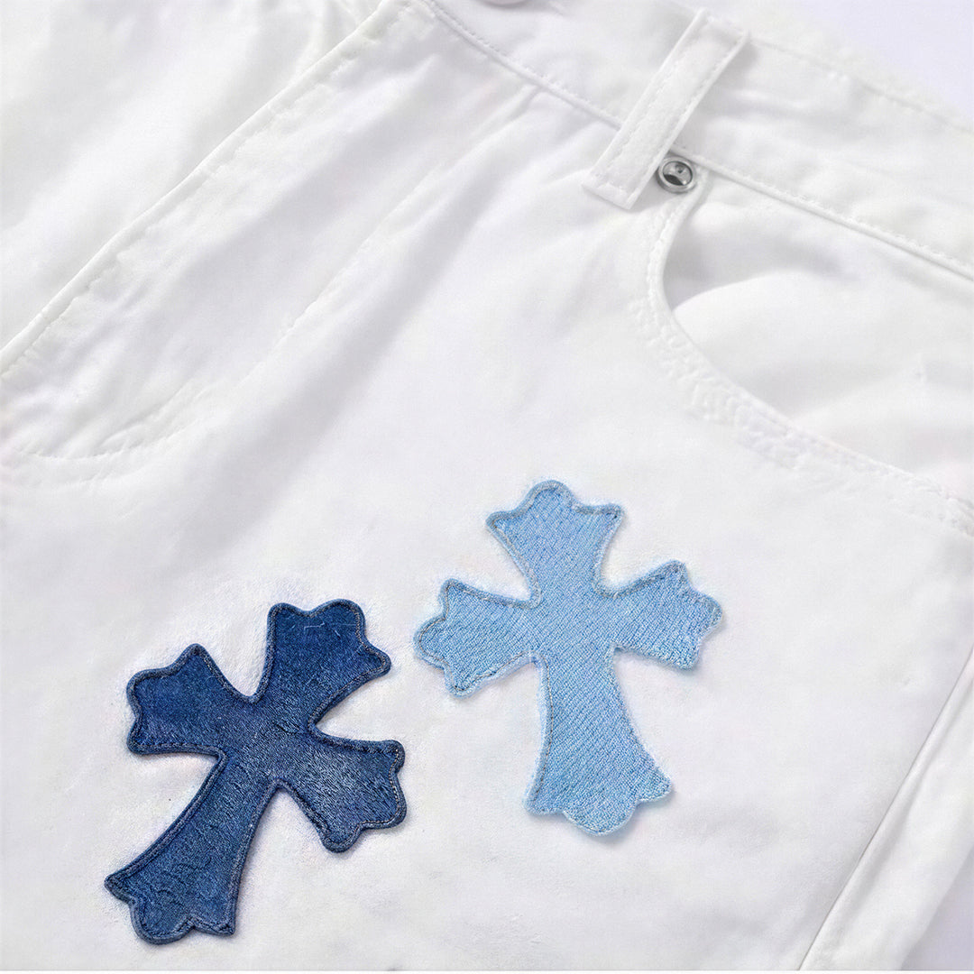 Men's Spring White Cross Patch Wide-Leg Denim Jeans