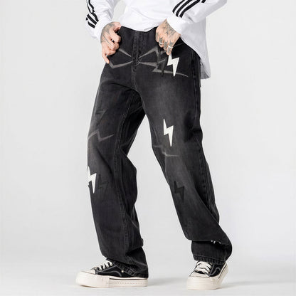 Men's Spring Washed Black & White Lightning Wide Leg Jeans