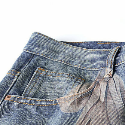 Men's Spring Light Blue Teddy Print Wide Leg Denim Jeans
