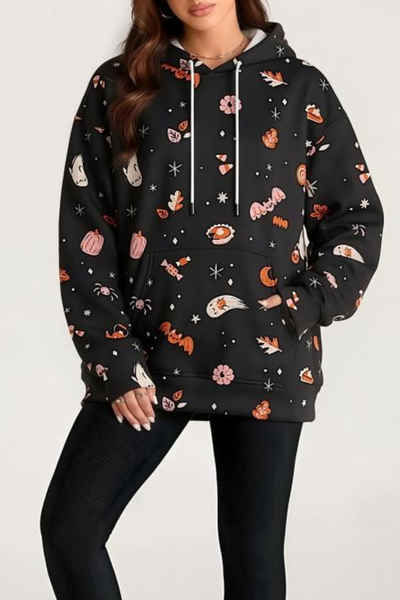 Women Fall Clothing Halloween Cat Ghost Pullover Hoodie