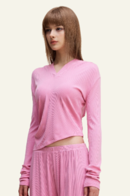 Women's Long Sleeve Deep V-Neck Slim Fit Hooded Top