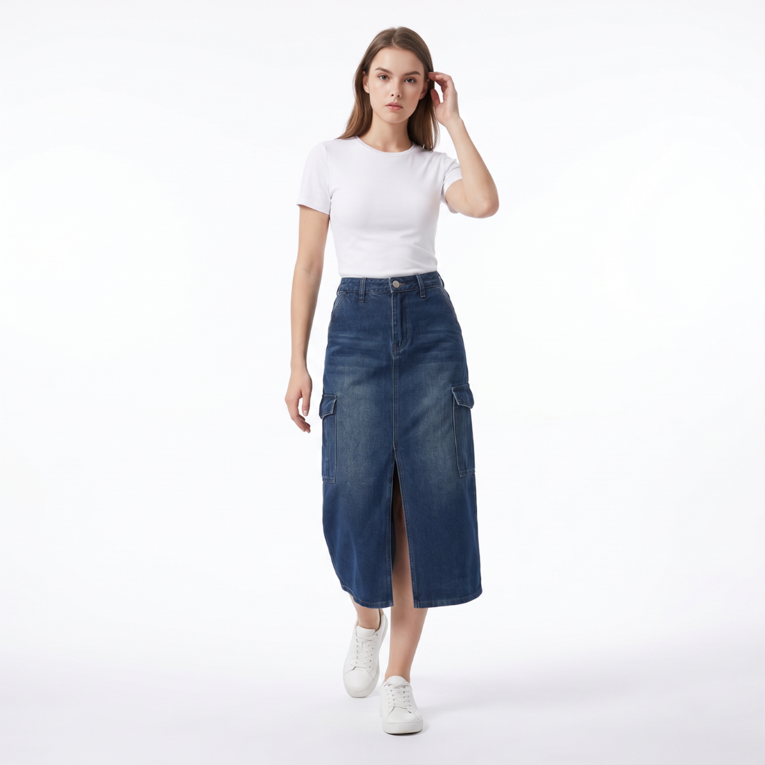 Women's High Waist Front Slit Denim Midi Skirt