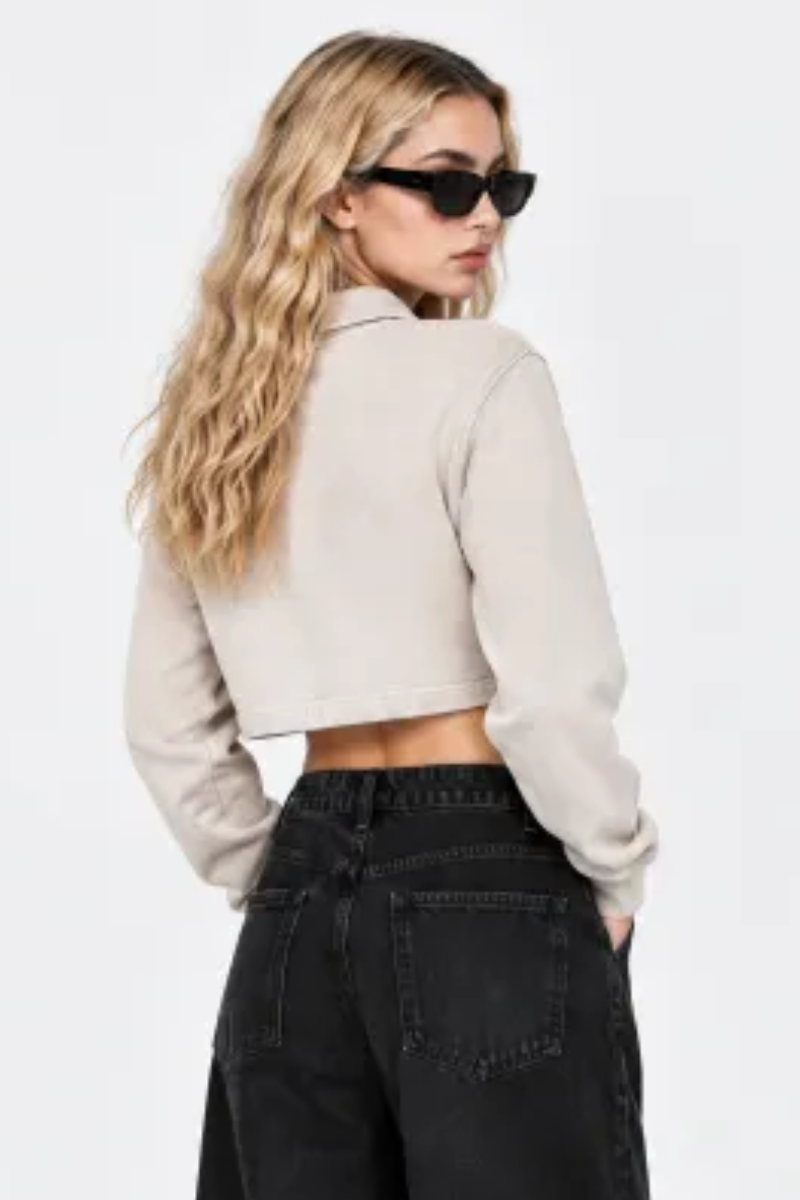 Women Fall Clothing Snow Washed Collared Crop Sweatshirt