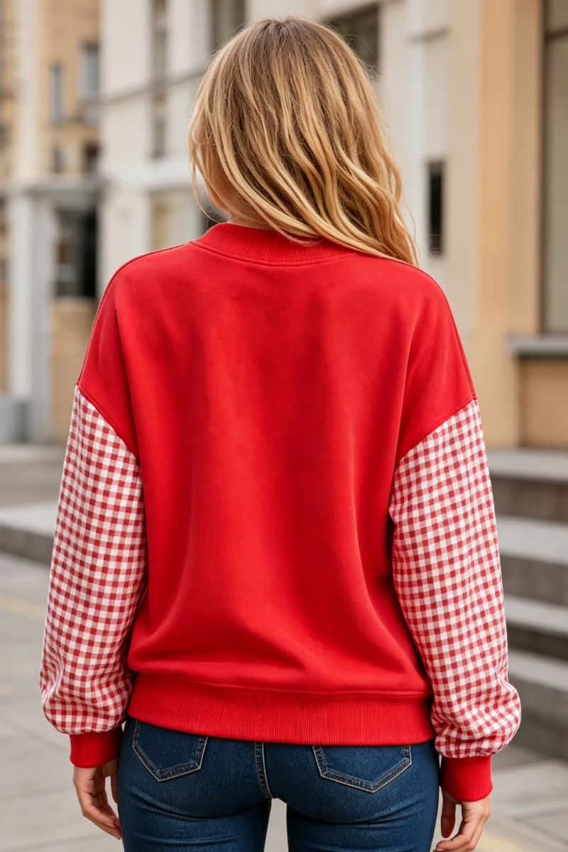 Women Fall Gingham Sleeve Mock Neck Oversized Sweatshirt