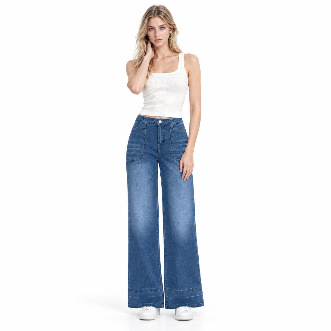 Women's High Waist Patchwork Wide Leg Jeans