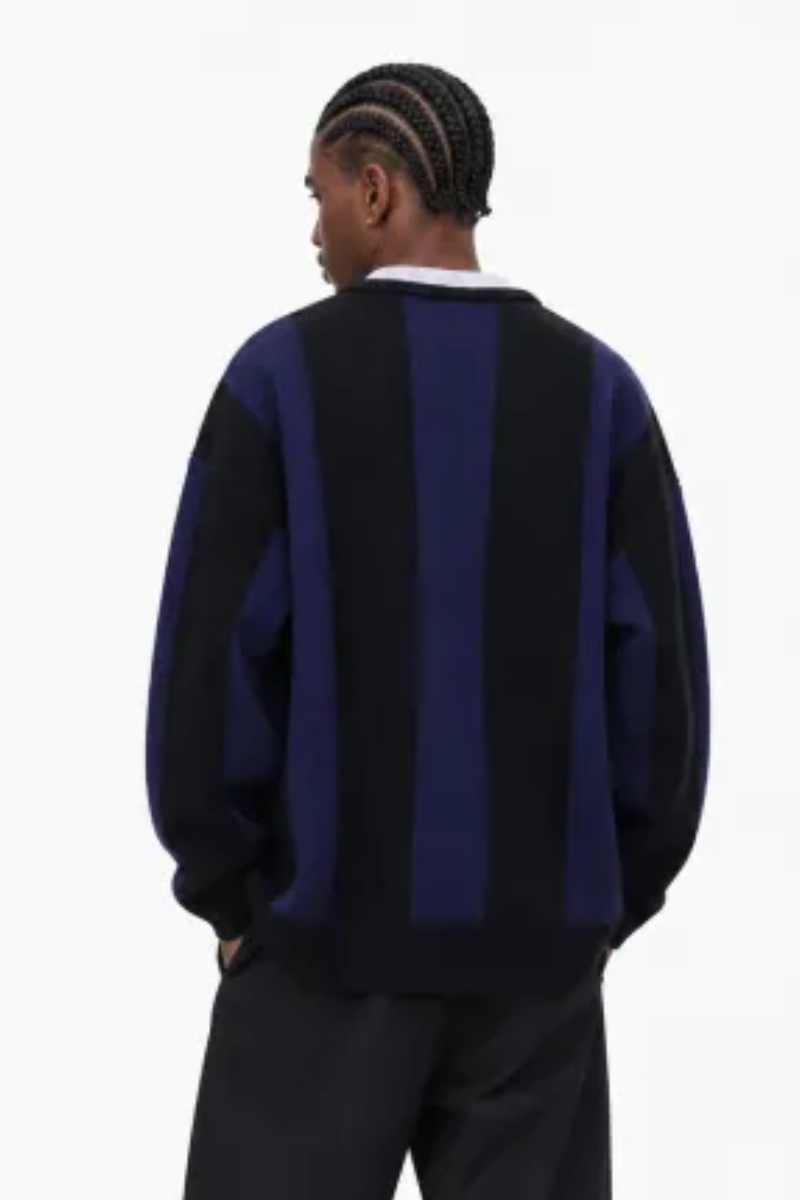 Men's Fall Vertical-Stripe Colorblock Polo Knit Sweater