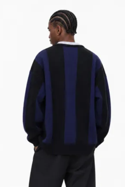 Men's Fall Vertical-Stripe Colorblock Polo Knit Sweater