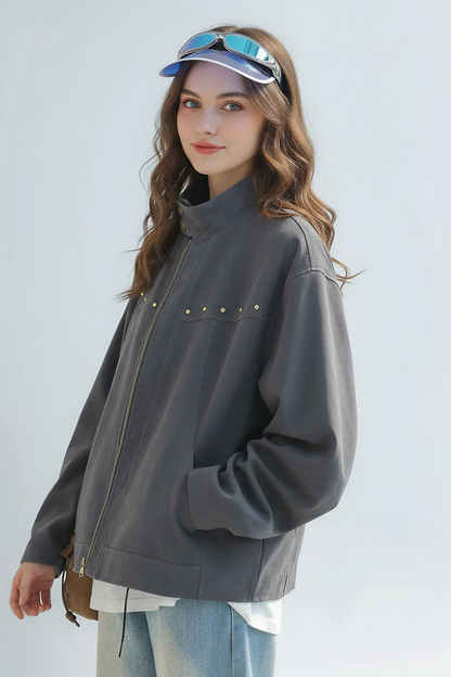 Unisex Spring New Barn Rivet Crop Harrington Jacket
